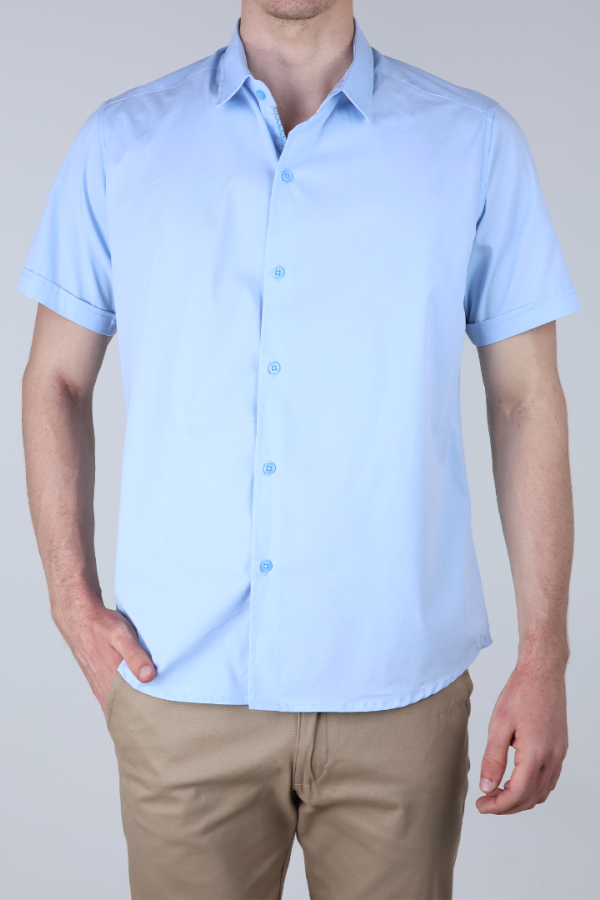 Camisa Azul Cielo Hombre Slim Fit Lisa Manga Corta Ropa Casual